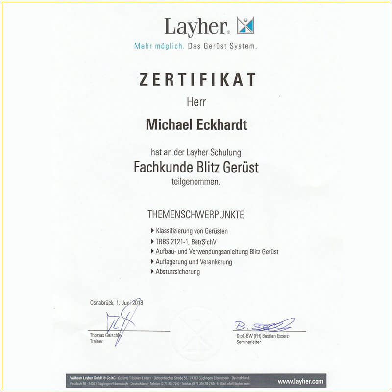Zertifikat Layher